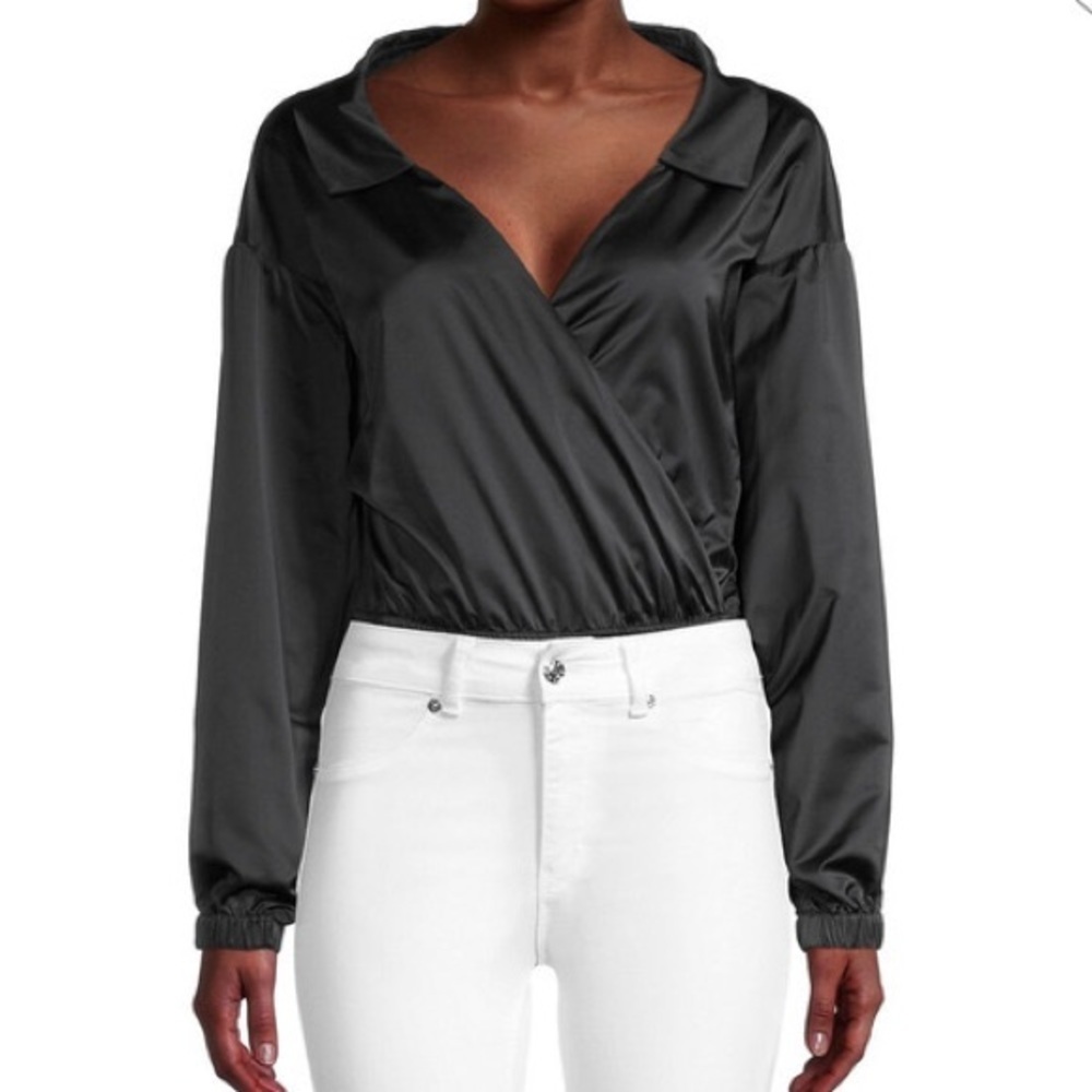 Milly size small Black Satin Black Wrap Top Bodysuit long sleeve